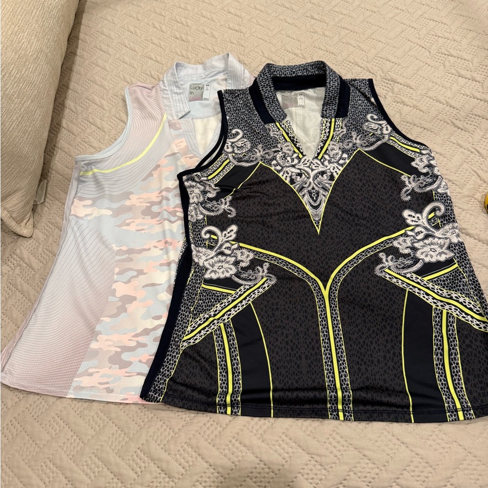 2 Lucky in Love Black & Neon Sleeveless Golf Polos Sz large